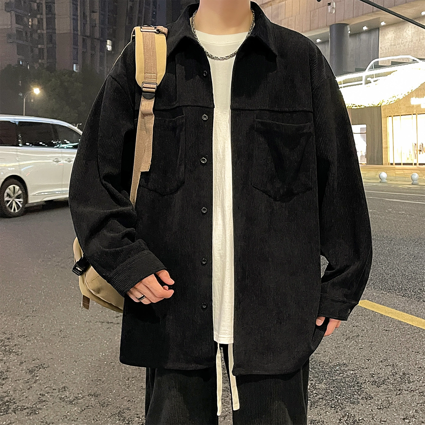 左岸 美式复古潮流百搭春秋休闲宽松舒适透气纯色灯芯绒衬衣潮牌设计感翻领开衫薄款外套衬衫 男款