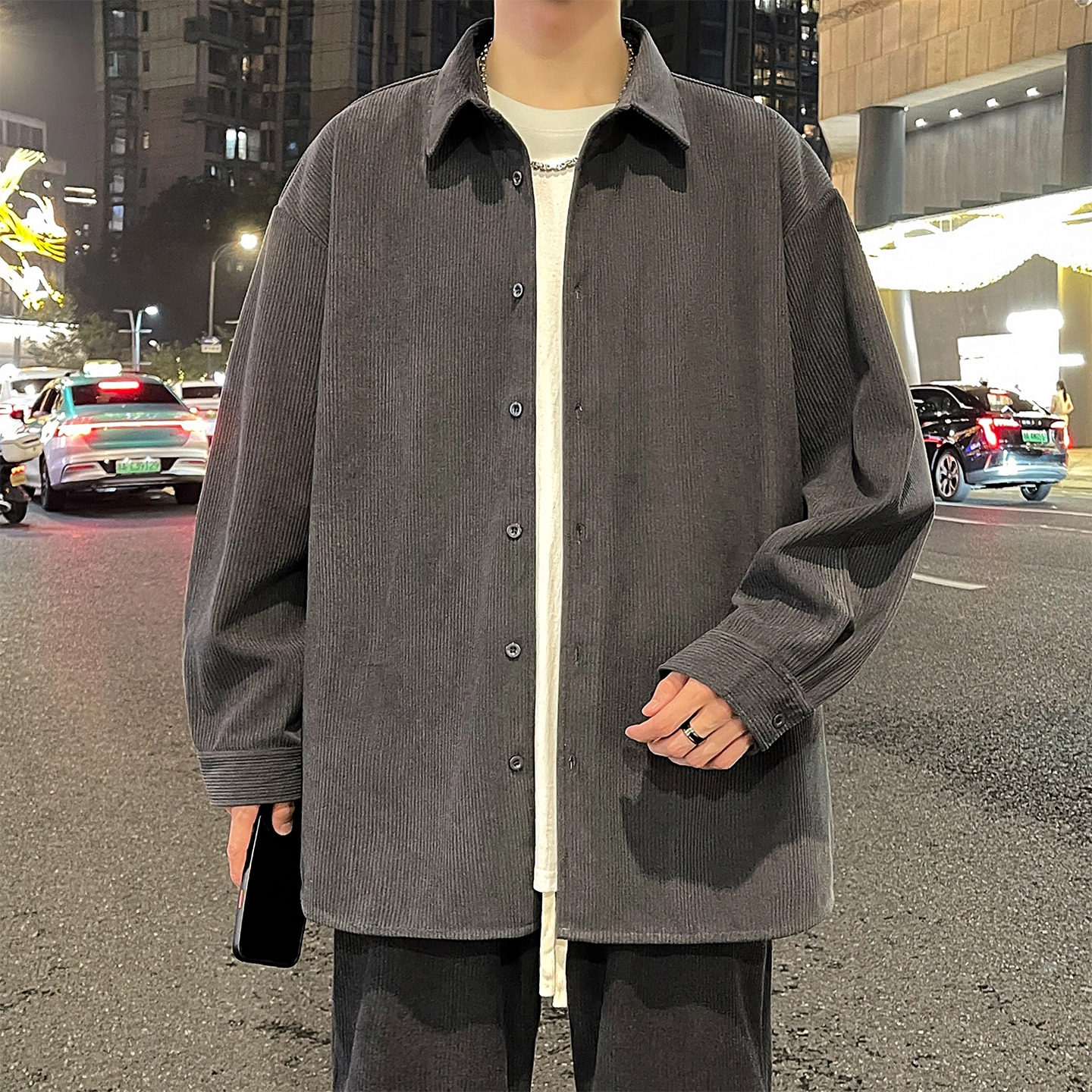 左岸 港风潮流简约百搭春秋上衣休闲宽松舒适透气纯色灯芯绒衬衣潮牌翻领开衫薄款外套衬衫 男款