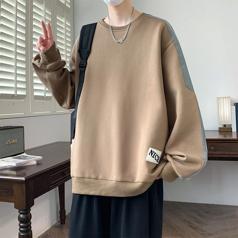 左岸 春秋青少年港风时尚潮牌休闲宽松简约撞色拼接字母印花长袖圆领上衣百搭帅气穿搭舒适加肥加大码外穿卫衣 男款