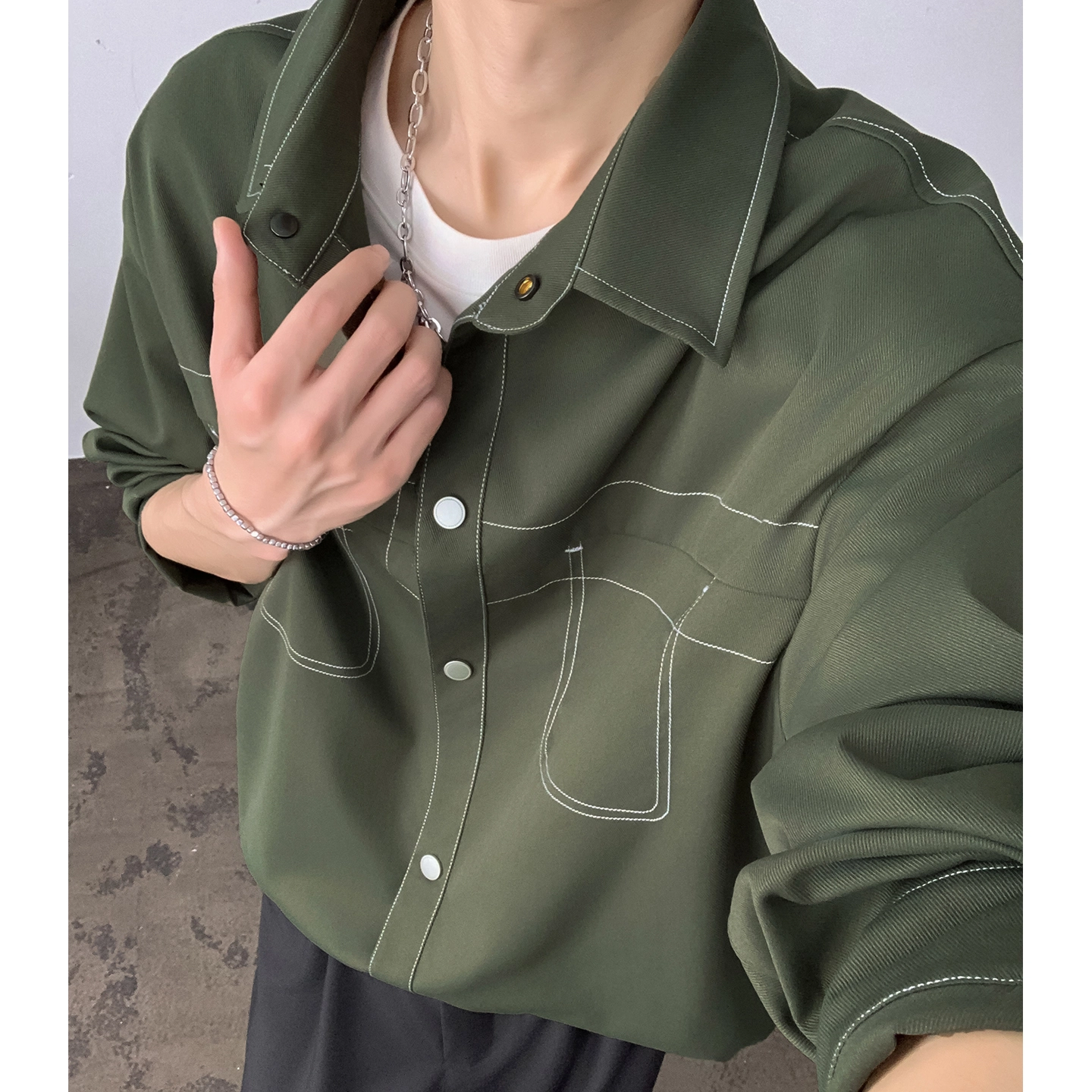 左岸 春秋港风时尚潮流百搭开衫上衣休闲宽松舒适衬衣设计感明线插色老钱风衬衫 男款