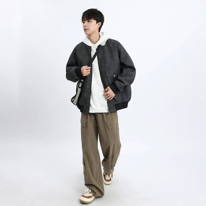 左岸 青少年港风时尚潮牌脏脏印花百搭开衫棒球领上衣加肥加大码简约休闲宽松舒适春秋季飞行员夹克外套皮衣 男女同款