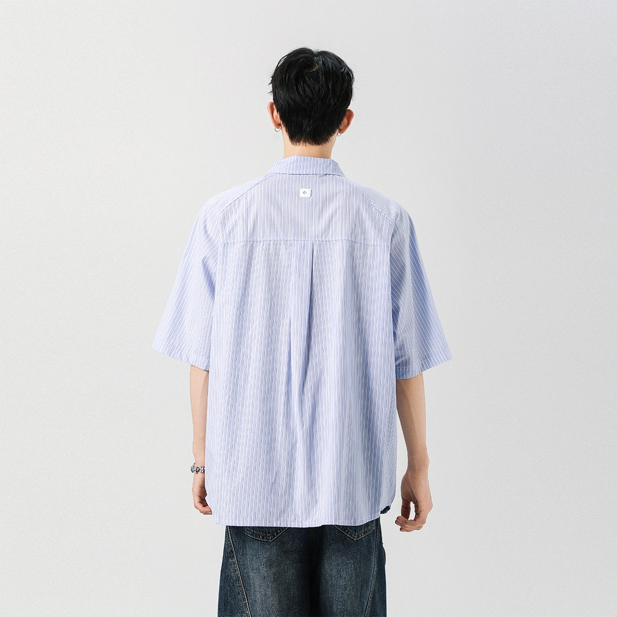 左岸 夏季港风条纹插肩袖绣花潮牌慵懒风痞帅宽松休闲短袖上衣衬衫 男款