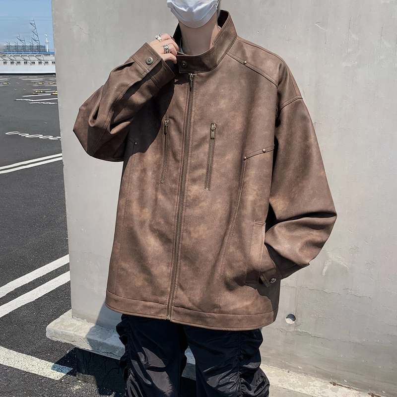 左岸 美式复古高街铆钉时尚潮牌百搭拉链开衫立领上衣休闲宽松舒适春秋季防风夹克外套皮衣 男款