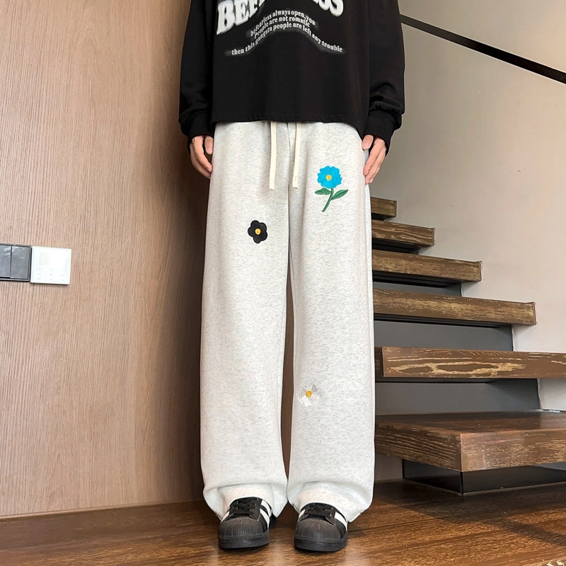 左岸 青少年港风时尚潮流百搭绣花宽松直筒卫裤长裤柔软舒适轻便透气阔腿裤春秋季休闲裤 男款
