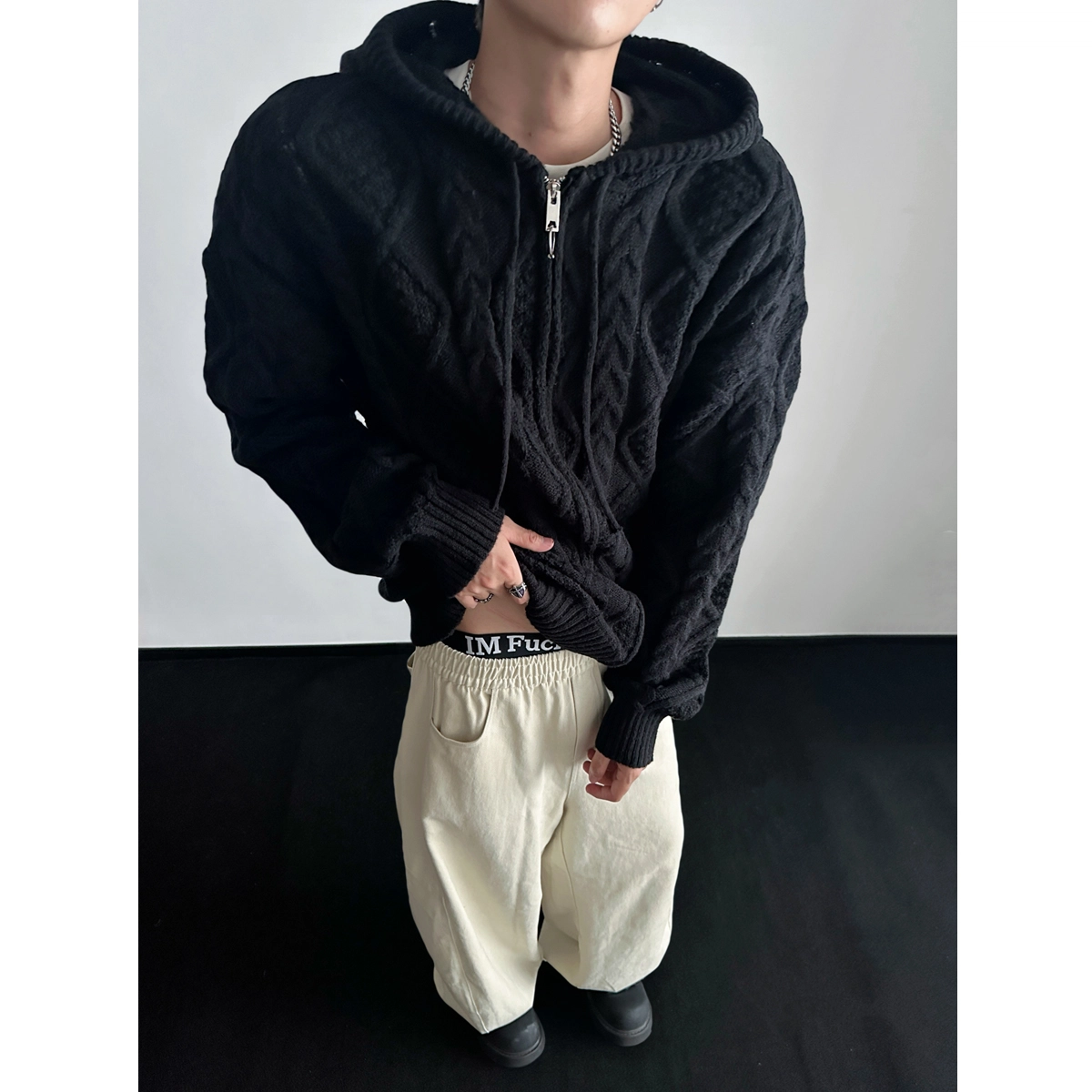 左岸 青少年港风潮牌休闲时尚宽松简约提花肌理高级感春秋开衫连帽上衣设计感保暖秋冬内搭打底衫毛衣 男款