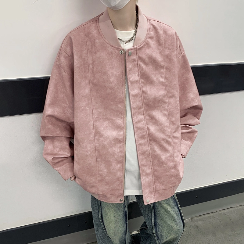 左岸 美式复古高街时尚潮牌百搭扎染印花拉链开衫棒球领上衣休闲宽松舒适春秋季防风夹克外套皮衣 男款
