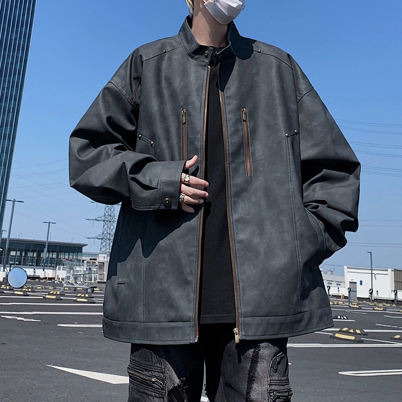 左岸 美式复古高街铆钉时尚潮牌百搭拉链开衫立领上衣休闲宽松舒适春秋季防风夹克外套皮衣 男款