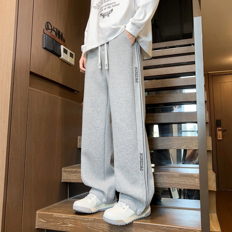 左岸 青少年港风时尚潮流百搭设计感褶皱字母绣花宽松直筒卫裤长裤柔软舒适轻便透气阔腿裤春秋季休闲裤 男款