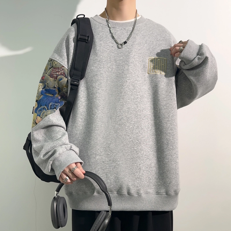 左岸 春秋青少年港风时尚潮牌休闲宽松拼接熊猫印花长袖圆领上衣经典百搭帅气穿搭舒适撞色卡通卫衣 男款