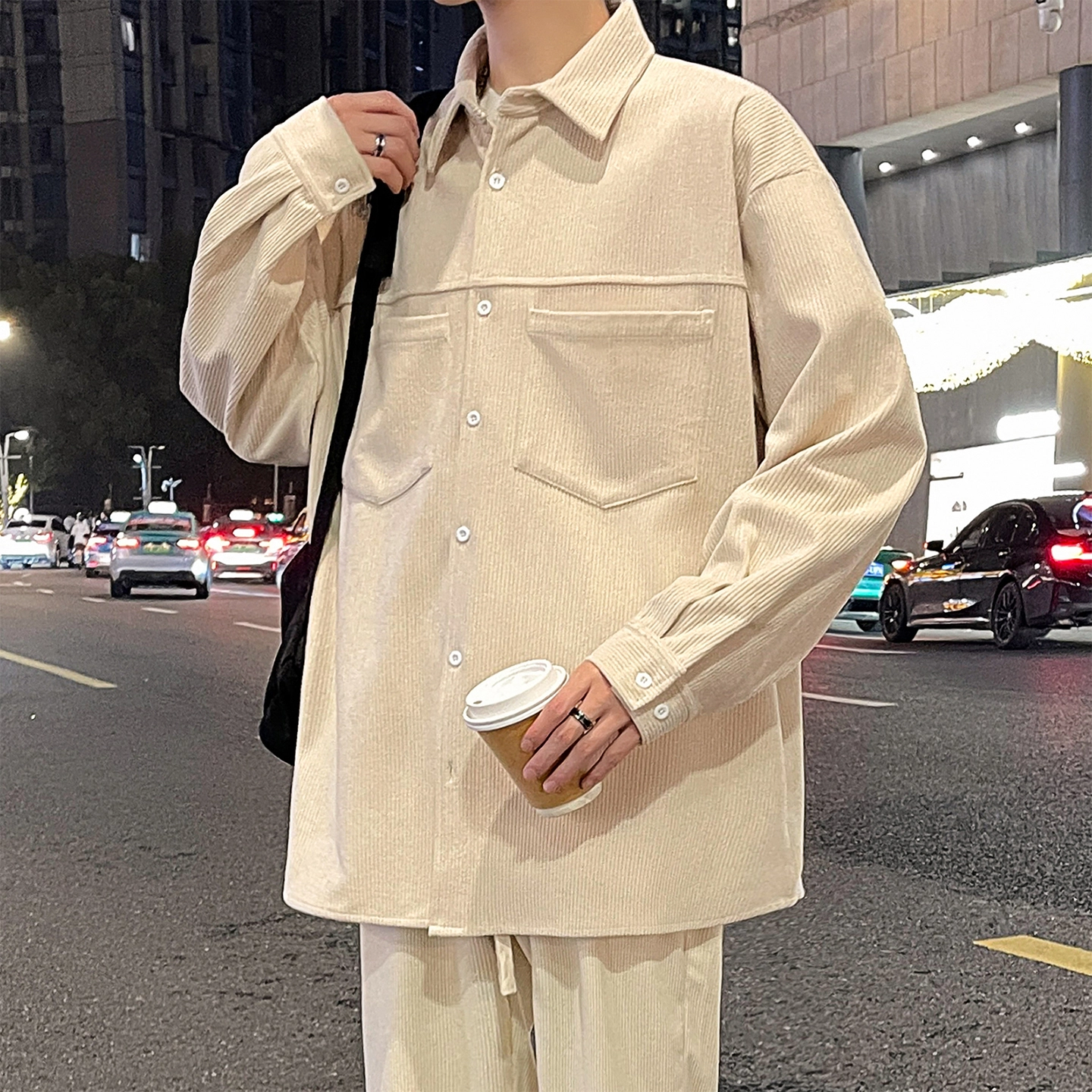 左岸 美式复古潮流百搭春秋休闲宽松舒适透气纯色灯芯绒衬衣潮牌设计感翻领开衫薄款外套衬衫 男款