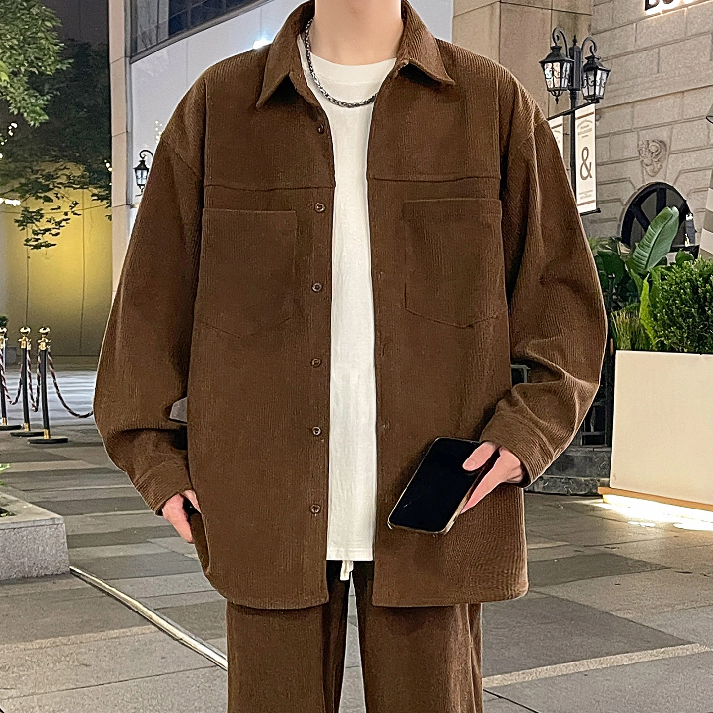左岸 美式复古潮流百搭春秋休闲宽松舒适透气纯色灯芯绒衬衣潮牌设计感翻领开衫薄款外套衬衫 男款