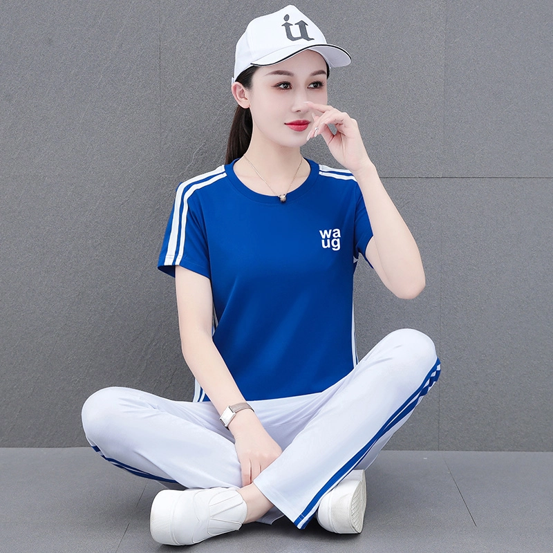 左岸 夏季简约时尚气质潮流活力纯色圆领日常通勤户外运动修身显瘦显高柔软亲肤舒适轻便短袖上衣直筒长裤两件套休闲套装 女款