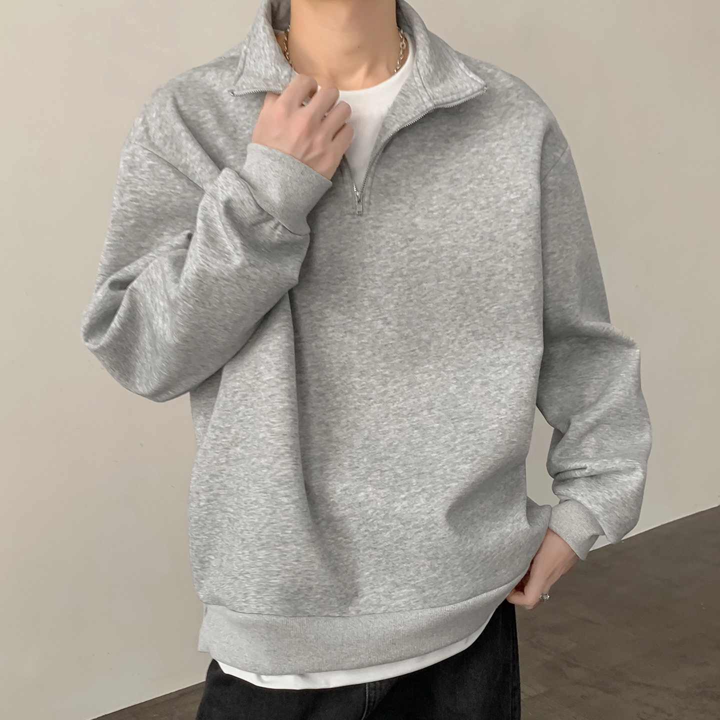 左岸 春秋青少年港风时尚潮牌休闲宽松简约长袖半拉链翻领上衣百搭帅气穿搭舒适加肥加大码撞色拼接假两件卫衣 男款