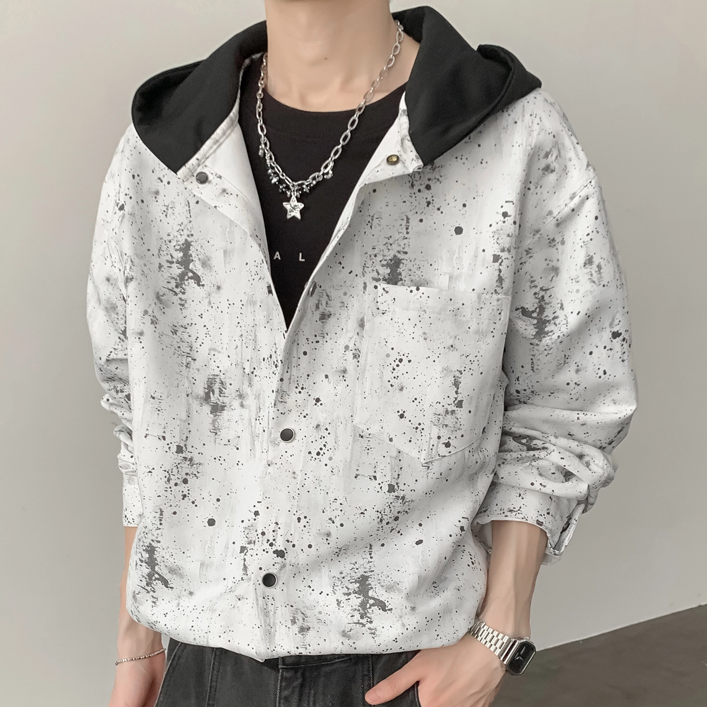 左岸 港风潮流百搭春秋连帽开衫泼墨印花上衣休闲宽松舒适衬衣潮牌老钱风衬衫 男款