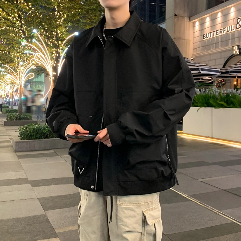 左岸 港风时尚潮牌百搭纯色开衫翻领上衣休闲宽松舒适春秋季防风外套夹克 男款