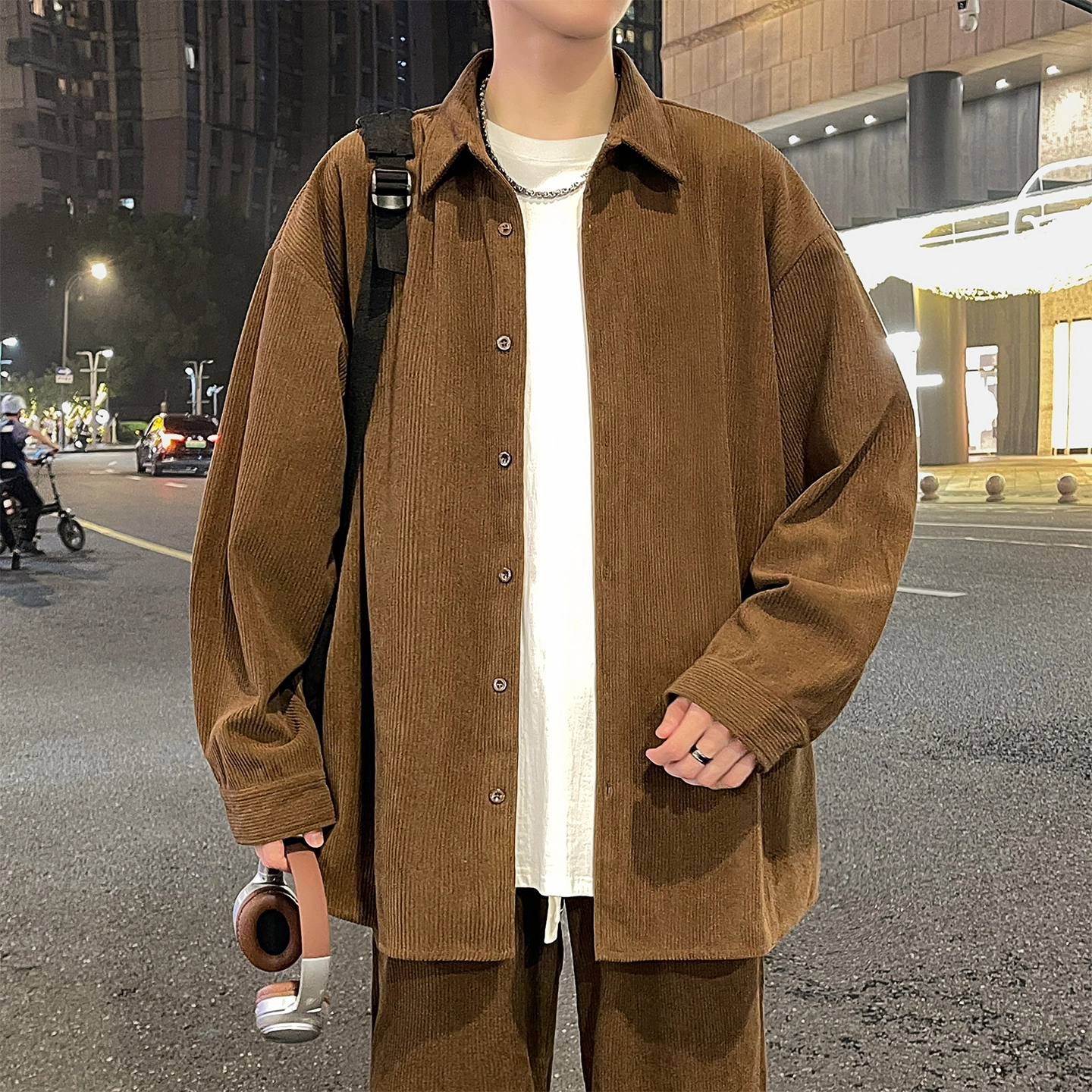 左岸 港风潮流简约百搭春秋上衣休闲宽松舒适透气纯色灯芯绒衬衣潮牌翻领开衫薄款外套衬衫 男款