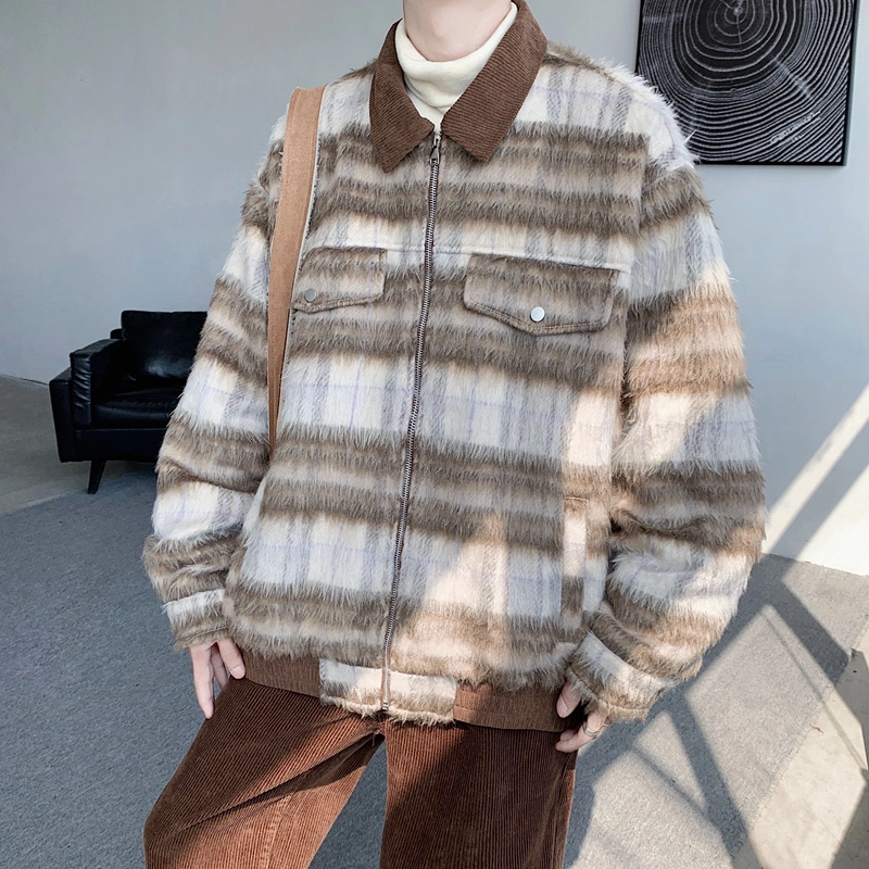 左岸 小香风时尚潮牌百搭拉链开衫翻领毛呢格子上衣休闲宽松舒适春秋季防风保暖绒感外套 男款
