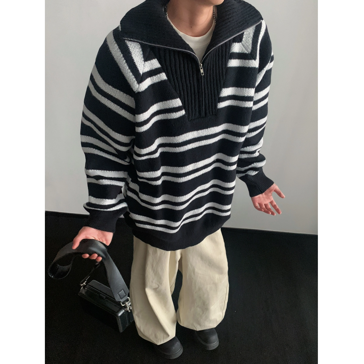 左岸 青少年港风潮牌休闲时尚宽松条纹高级感春秋翻领半拉链上衣保暖秋冬内搭打底衫毛衣 男款