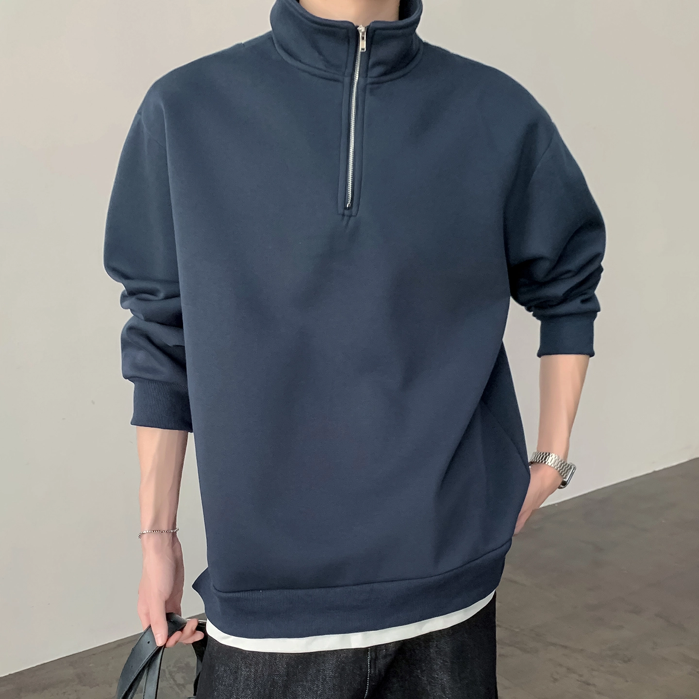 左岸 春秋青少年港风时尚潮牌休闲宽松简约长袖半拉链翻领上衣百搭帅气穿搭舒适加肥加大码撞色拼接假两件卫衣 男款