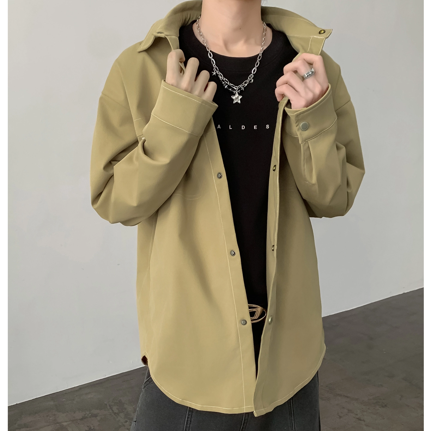 左岸 春秋港风时尚潮流百搭开衫上衣休闲宽松舒适衬衣设计感明线插色老钱风衬衫 男款