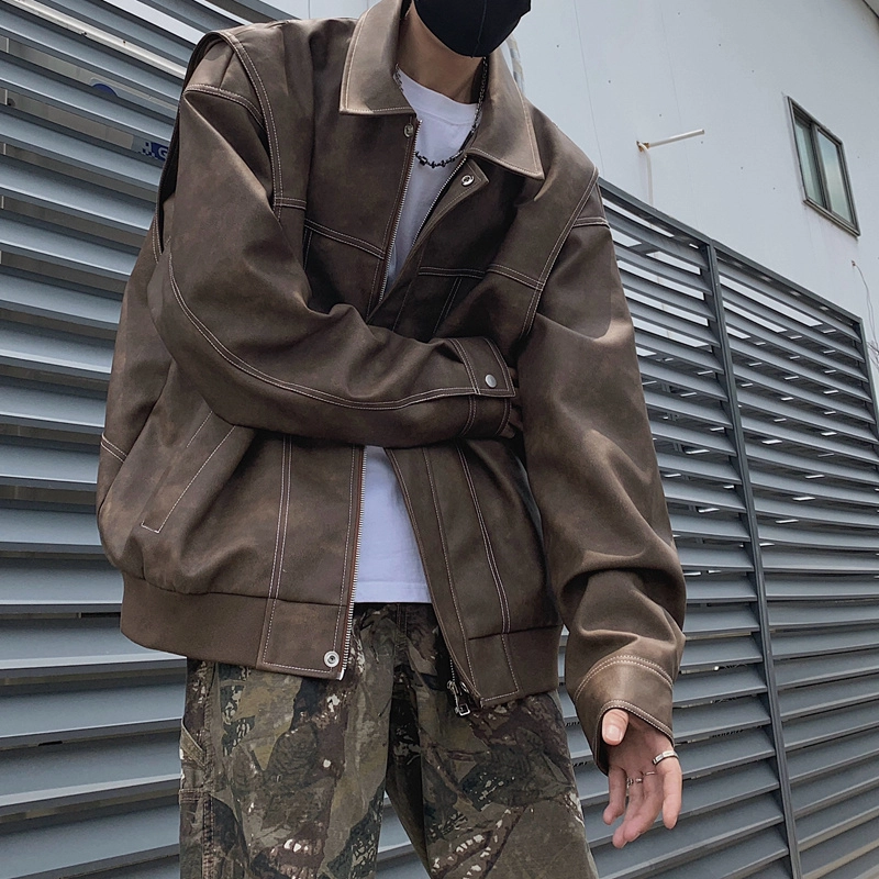 左岸 美式高街复古时尚潮牌百搭扎染印花拉链开衫翻领上衣休闲宽松舒适春秋季防风夹克外套皮衣 男款