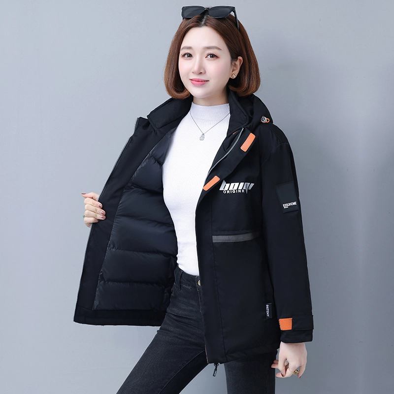 左岸 美式高街时尚潮流拼接设计字母印花韩系面包服棉衣防风抗寒保暖加厚机能工装外套运动休闲御寒厚实暖和棉袄炸街连帽派克棉服 女款