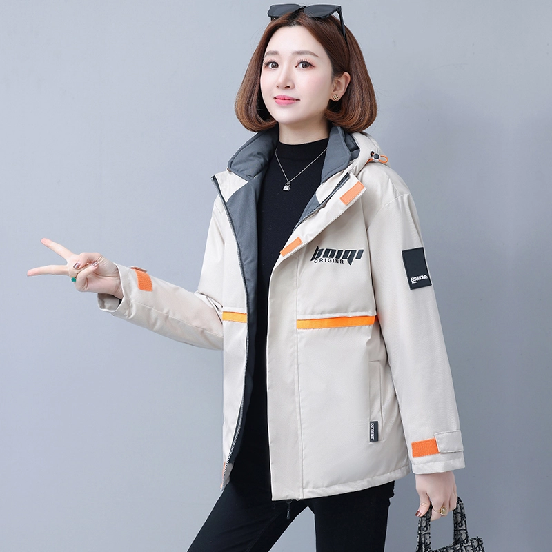左岸 美式高街时尚潮流拼接设计字母印花韩系面包服棉衣防风抗寒保暖加厚机能工装外套运动休闲御寒厚实暖和棉袄炸街连帽派克棉服 女款