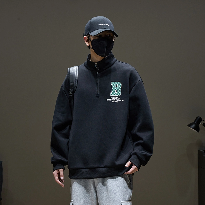 左岸 春秋青少年港风时尚潮牌休闲宽松简约长袖半拉链翻领上衣百搭帅气穿搭舒适加肥加大码字母印花卫衣 男款