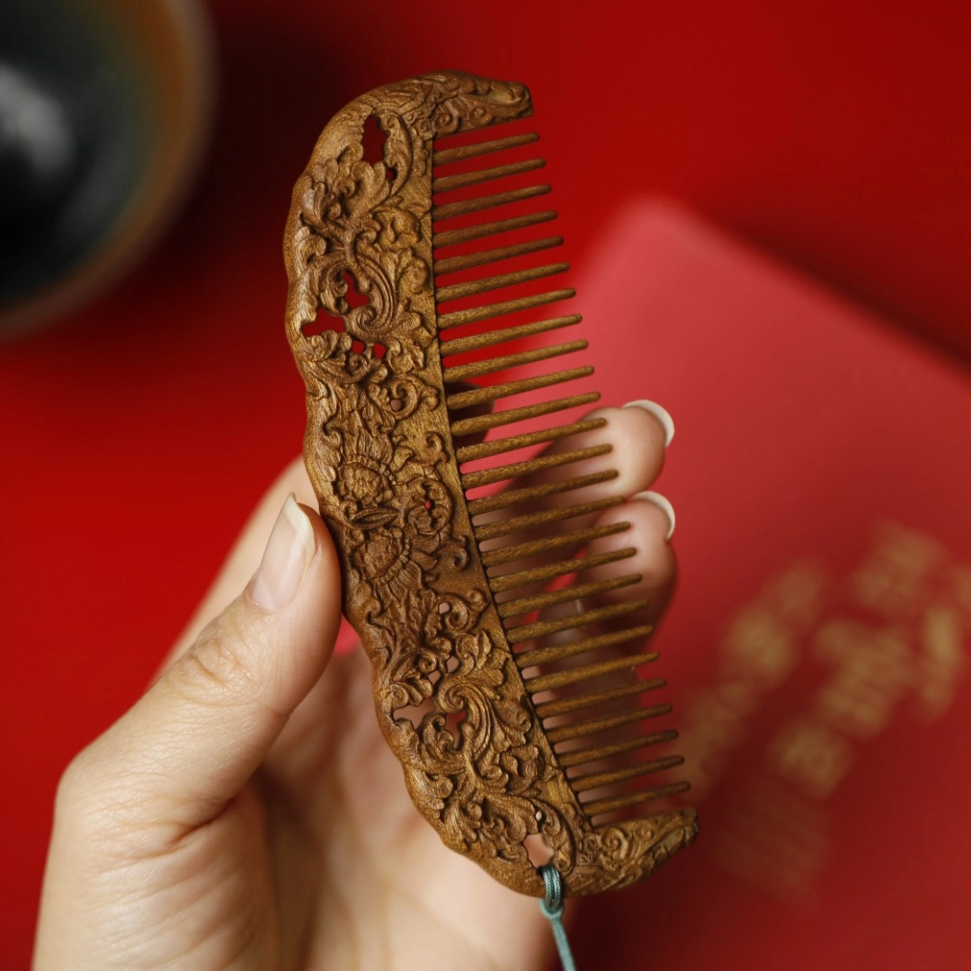【西番莲】 芳缘小傅 招财纳福复古国风高品质高档木质长发专用养发防脱静电家用大号加厚梳子金丝 楠木 木梳 女款