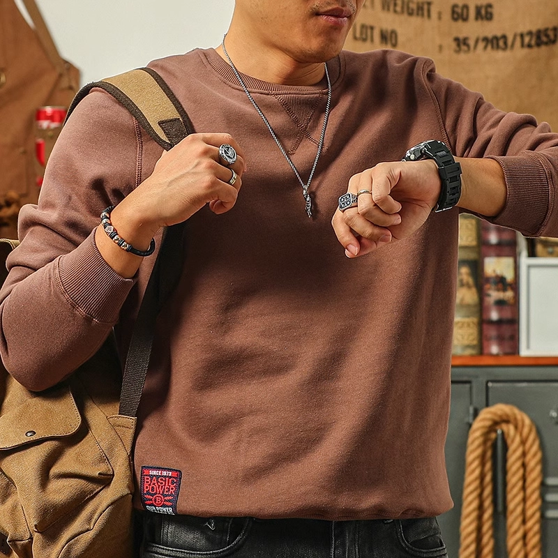 季言 纯色圆领抓绒长袖卫衣 男款 砖红色