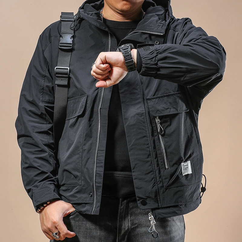季言 工装连帽多口袋长袖夹克外套 男款 黑色