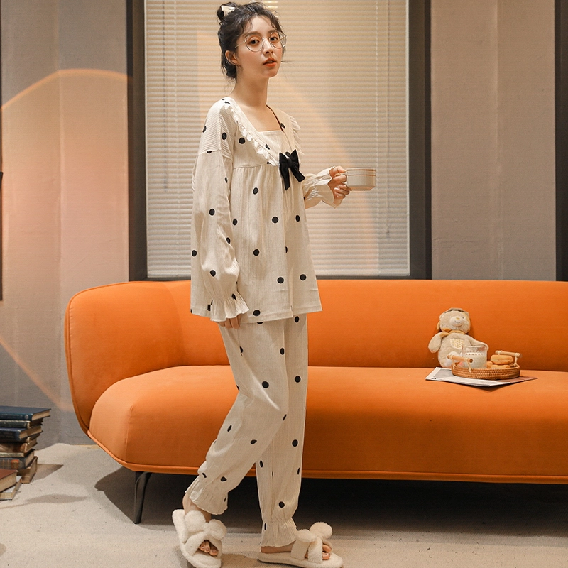 浪莎 双面提花女春秋季棉质睡衣圆点印花韩版甜美可外穿 家居套装 女款 白色