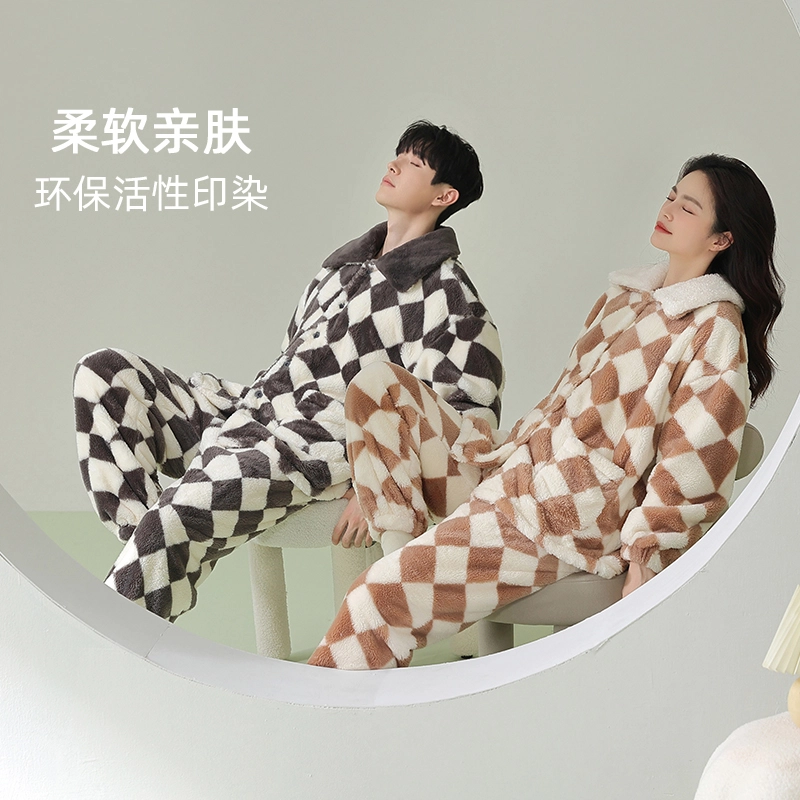 浪莎 双面贵妃绒男女款睡衣冬季加绒加厚保暖舒适韩版翻格子图案领家居服套装韩版简约宽松可外穿 家居套装 情侣款 黑灰色/棕色