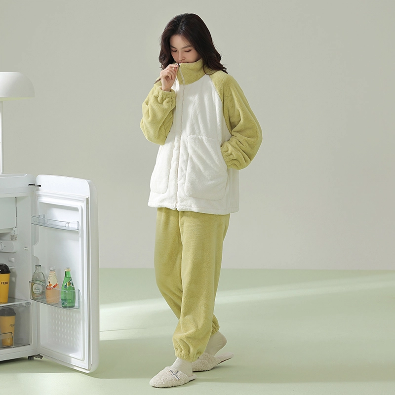 浪莎 双面贵妃绒女纯色睡衣冬季加绒加厚 保暖舒适立领 休闲宽松可外穿拼接色 家居套装 女款 绿色