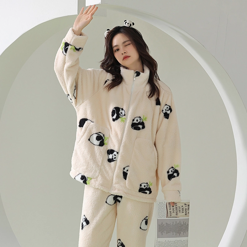 浪莎 双面贵妃绒男女款睡衣冬季加绒加厚保暖舒适韩版翻印卡通熊猫花领家居服套装休闲宽松可外穿家居套装 情侣款 米白色