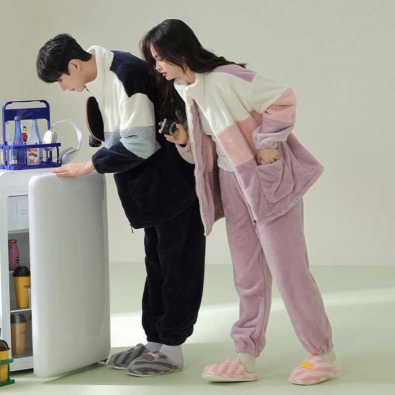 浪莎 双面贵妃绒男女款纯色睡衣冬季加绒加厚保暖舒适立领拉链  休闲宽松可外穿拼接色 家居套装 情侣款 黑色/紫色