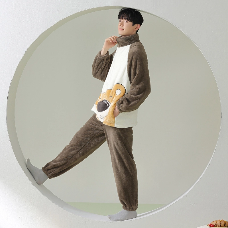 浪莎 双面贵妃绒冬季男珊瑚绒卡通睡衣长袖连帽拉链休闲 简约舒适柔软保暖加绒加厚 家居套装 男款 蓝色
