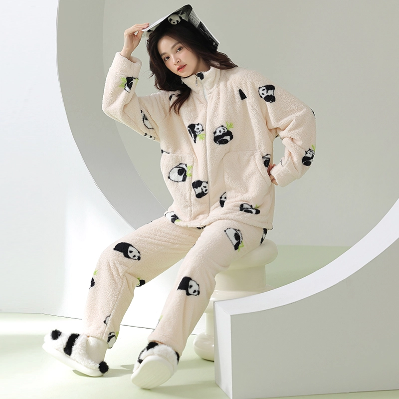 浪莎 双面贵妃绒男女款睡衣冬季加绒加厚保暖舒适韩版翻印卡通熊猫花领家居服套装休闲宽松可外穿家居套装 情侣款 米白色