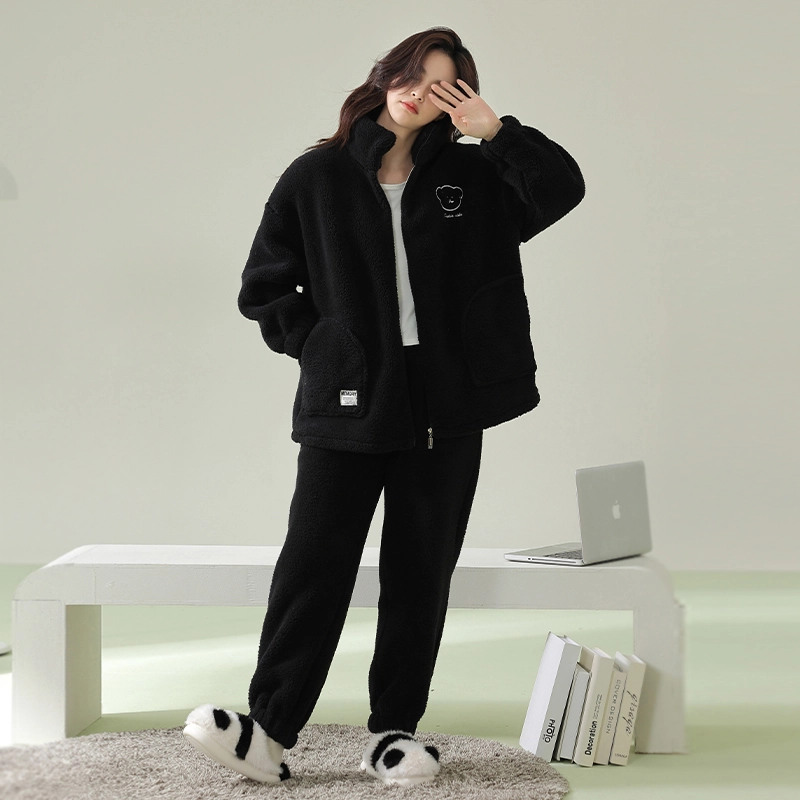 浪莎 双面贵妃绒纯色加绒加厚保暖舒适韩版翻领  宽松 可外穿睡衣套装 男女同款 黑色