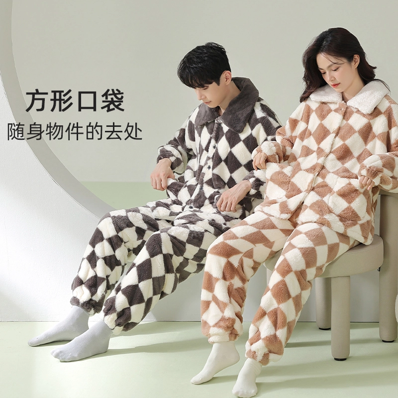 浪莎 双面贵妃绒男女款睡衣冬季加绒加厚保暖舒适韩版翻格子图案领家居服套装韩版简约宽松可外穿 家居套装 情侣款 黑灰色/棕色