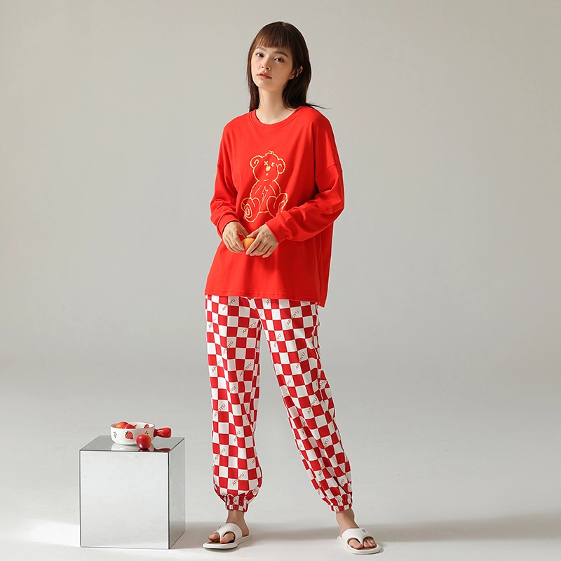 浪莎 春秋款女士纯棉睡衣女士长袖圆领卡通印花家居服套头格纹全棉简约舒适 家居套装 女款 红色