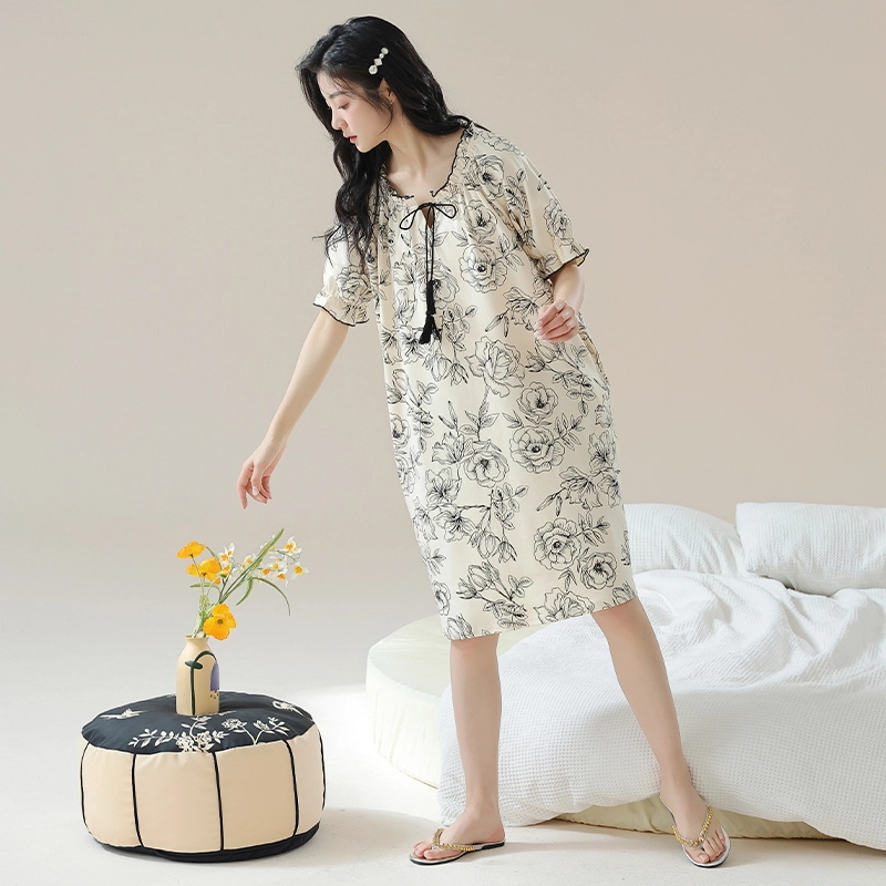 浪莎 宽松印花抗菌除螨舒适亲肤休闲短袖睡裙 女款 花色