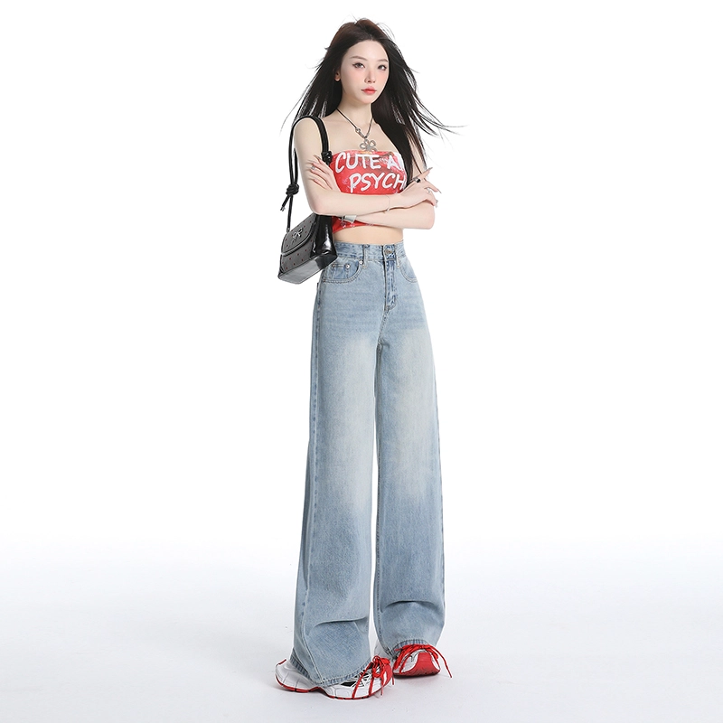 玫丝朵 美式复古直筒高腰宽松牛仔裤 女款