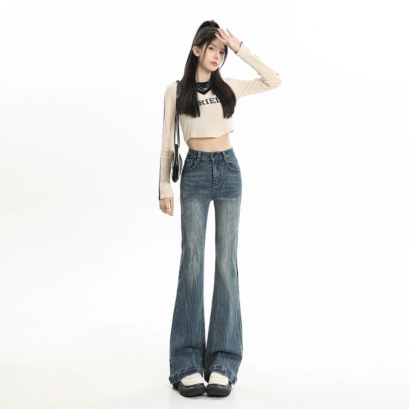 玫丝朵 复古高街做旧猫须设计感微喇拖地牛仔裤 女款