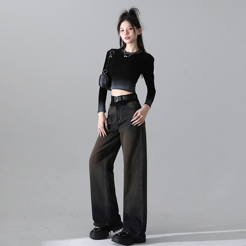 玫丝朵 美式复古高腰宽松直筒水洗做旧牛仔裤 女款 灰咖色
