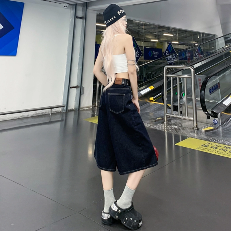 玫丝朵 美式复古高腰宽松阔腿百搭直筒牛仔短裤 女款