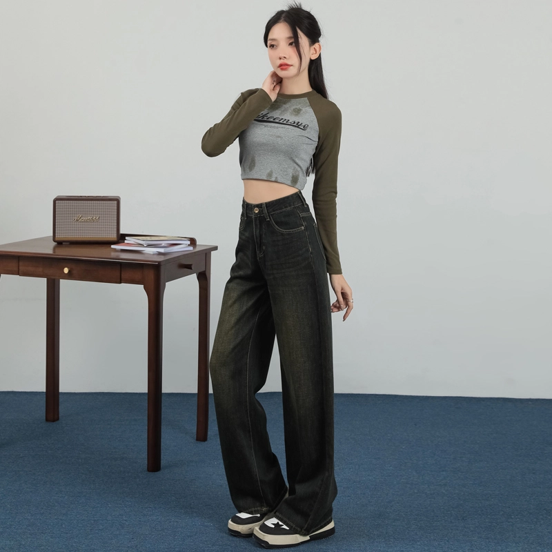 玫丝朵 美式复古高腰宽松直筒牛仔裤 女款