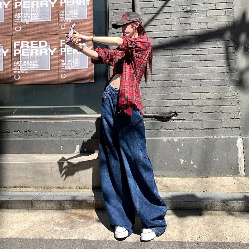 玫丝朵 日系少年感街头弯刀拼接牛仔裤 女款
