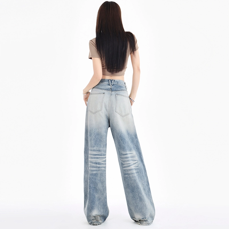 玫丝朵 美式街头做旧水洗磨白直筒阔腿拉链牛仔裤 女款 浅蓝