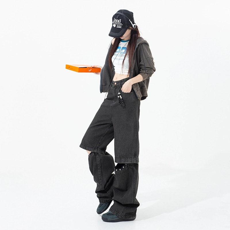 玫丝朵 美式街头休闲风可拆卸铆钉设计百搭宽松直筒牛仔裤 女款 黑色